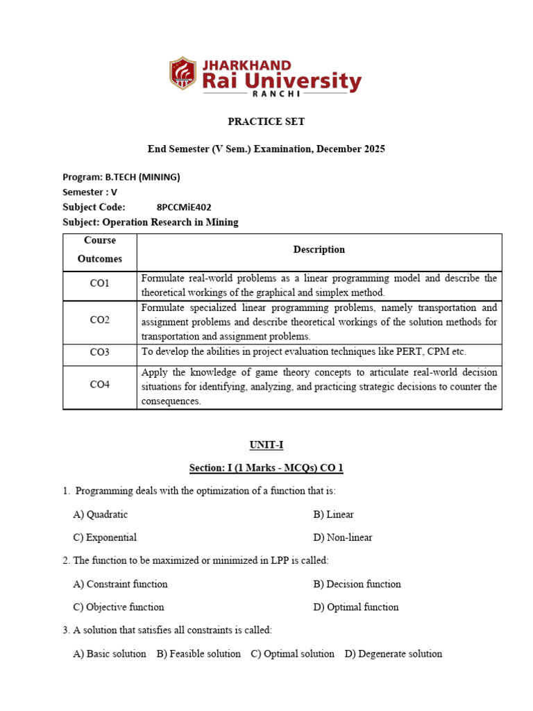Operation Research in Mining Exam Guide | PDF | Linear Programming ...