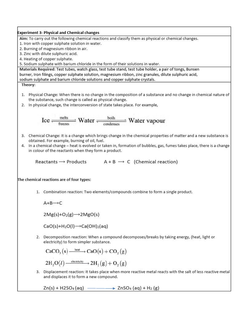 Physical vs Chemical Changes Experiment | PDF | Chemical Reactions ...