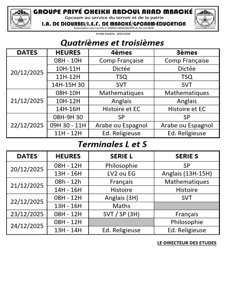 Emploi du temps 2025-2026 Collège | PDF
