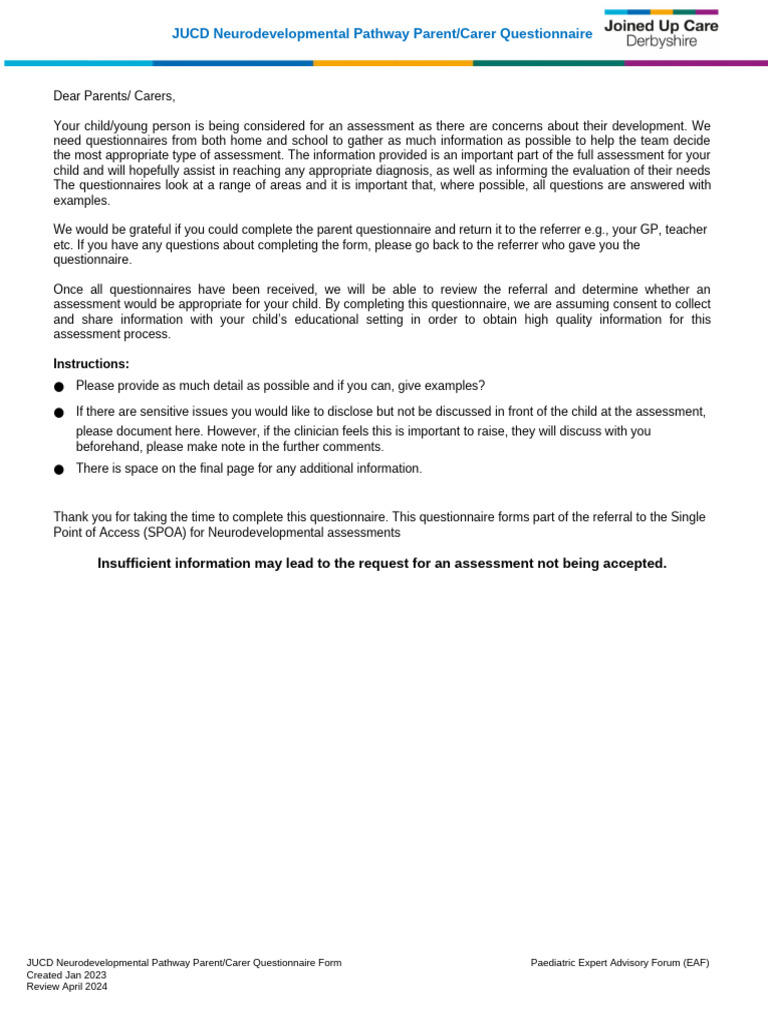 Neurodevelopmental Pathway Parent Questionnaire | PDF | Autism | Caregiver