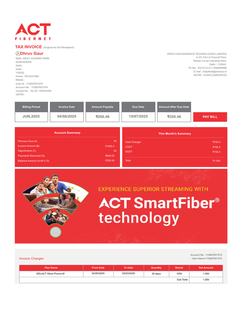 June ACT Fibernet Dhruv | PDF | Taxes | Invoice