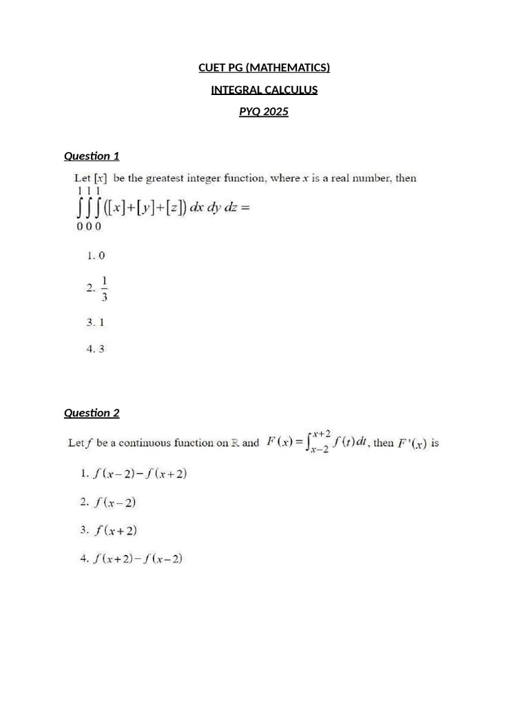 CUET PG Mathematics Integral Calculus PYQs | PDF