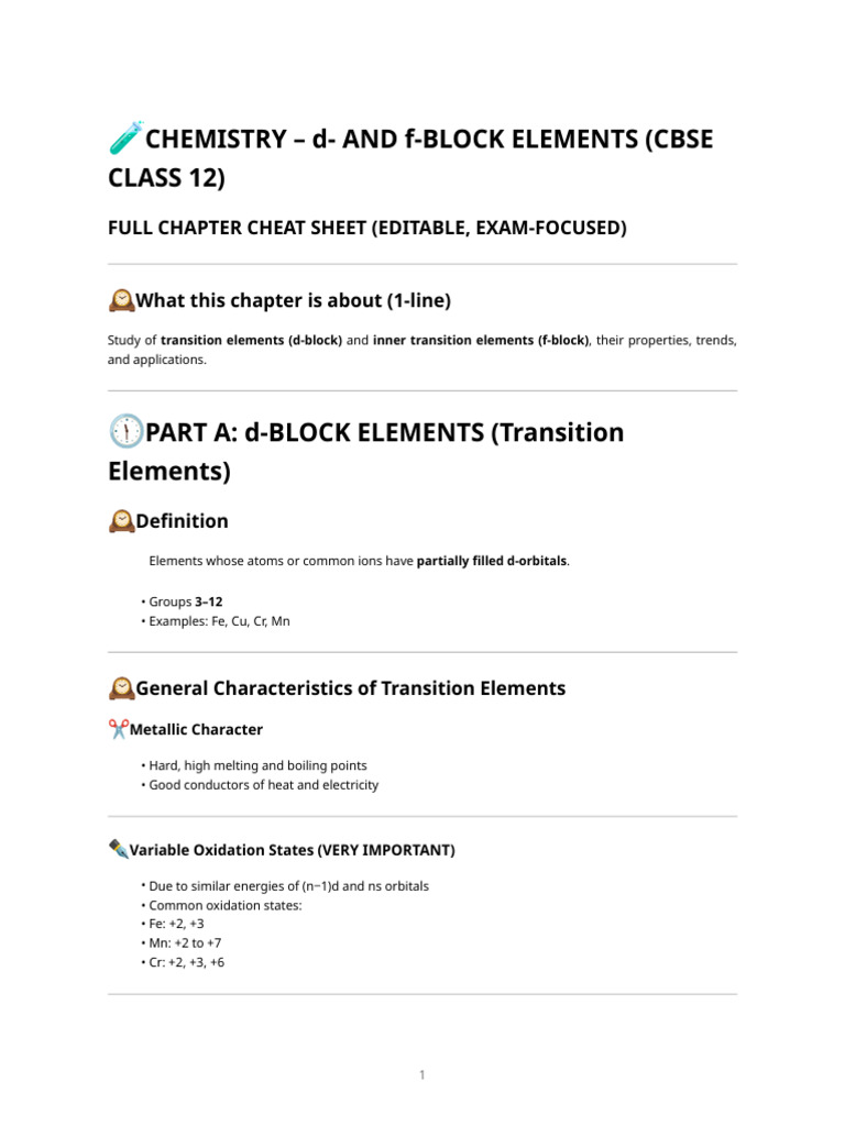 d- and f-Block Elements Cheat Sheet | PDF | Transition Metals | Lanthanide
