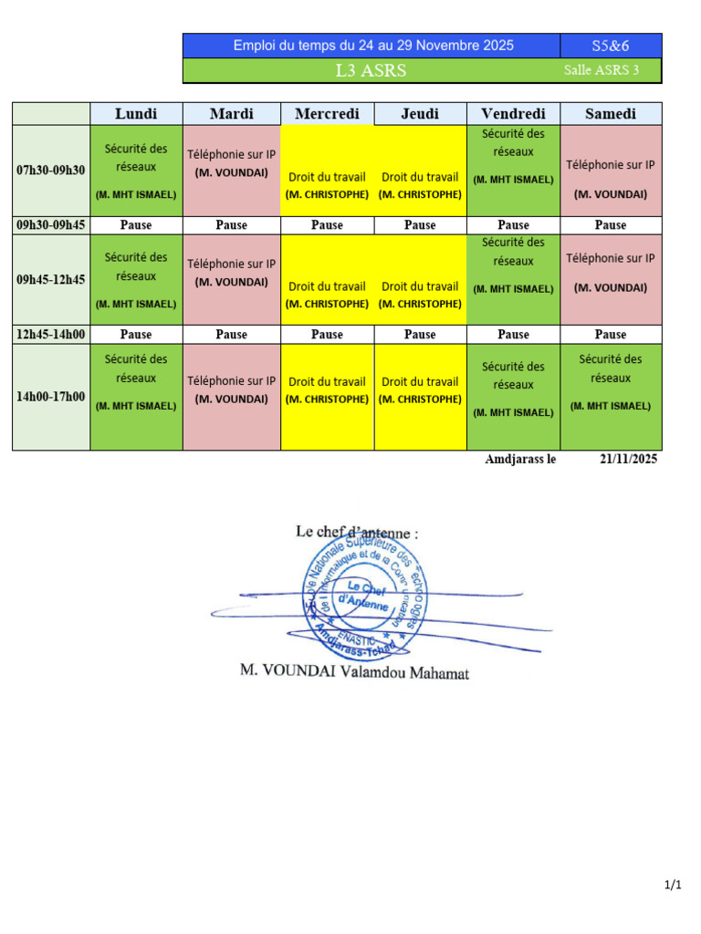 Emploi du temps L3 ASRS : 24-29 Nov 2025 | PDF