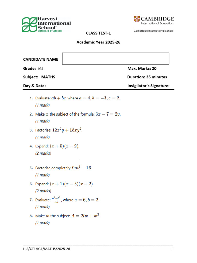 IG1 Maths Class Test 2025-26 | PDF