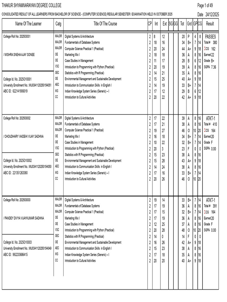 B.Sc. Computer Science Exam Results 2025 | PDF | Business | Computing