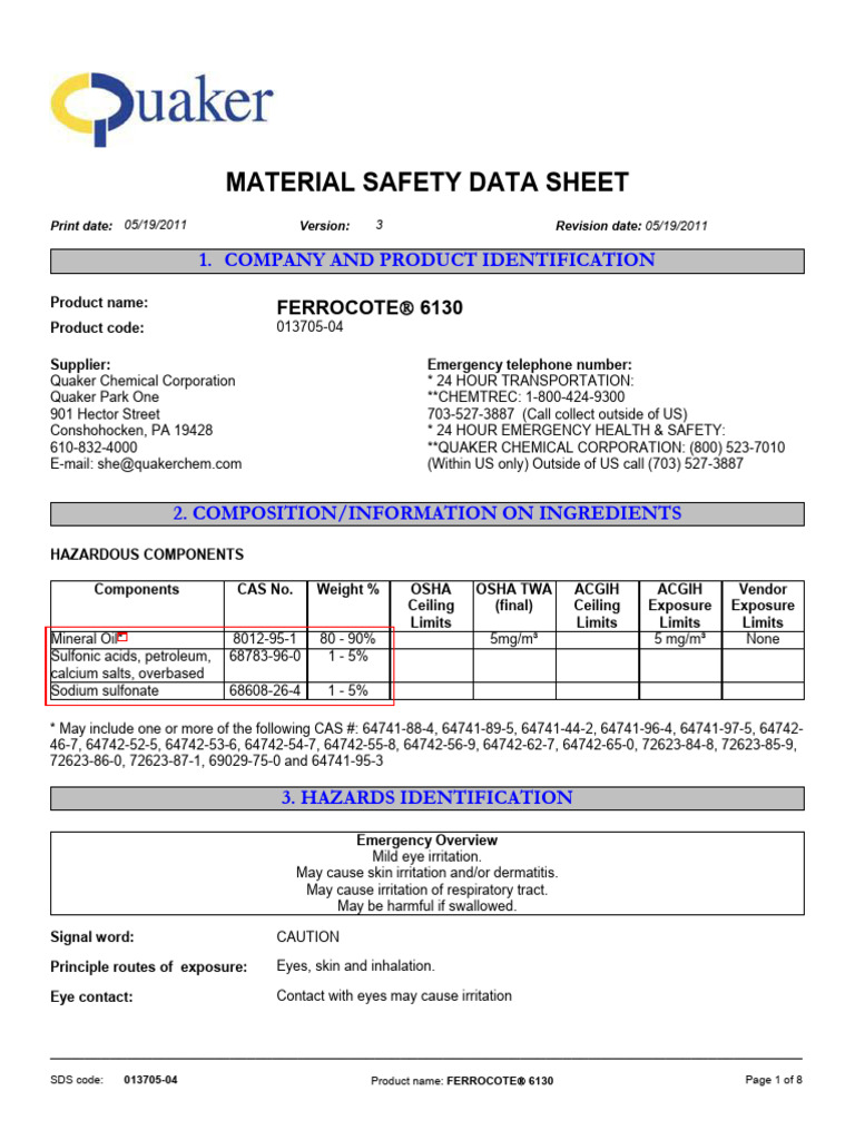 Ferrocote 6130 Safety Data Sheet | PDF | Personal Protective Equipment ...