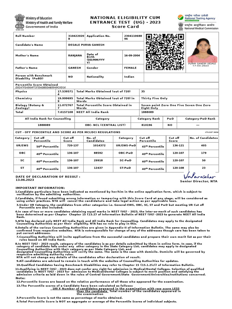 NEET UG 2023 Score Card Details | PDF | Student Assessment And ...