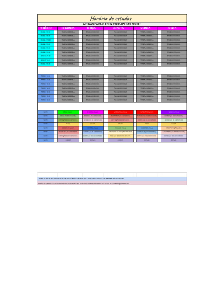 Horário de Estudos ENEM 2026 Noturno | PDF | Ciências naturais | Science