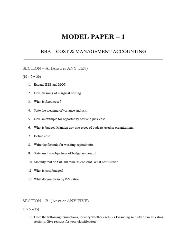 BBA Cost & Management Accounting Model Paper | PDF | Cost Accounting ...