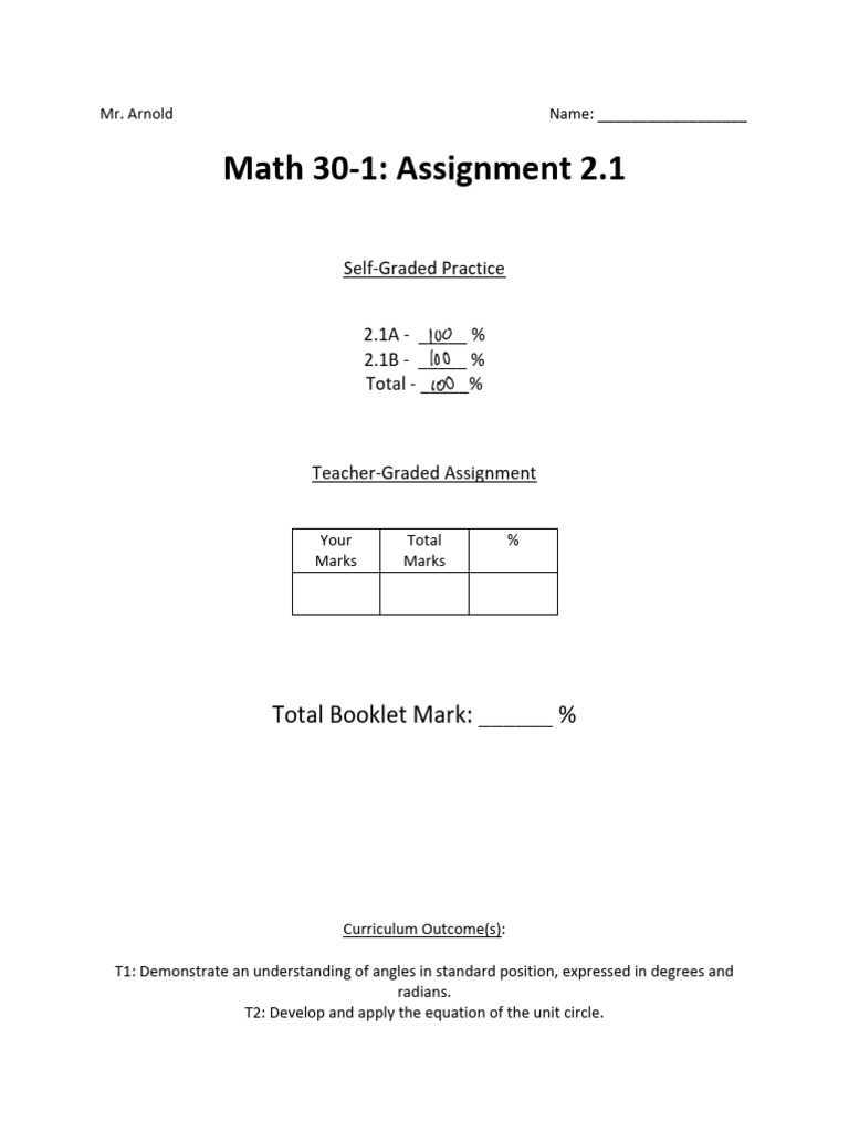 Math 30-1: Angles & Unit Circle Practice | PDF | Elementary Mathematics ...