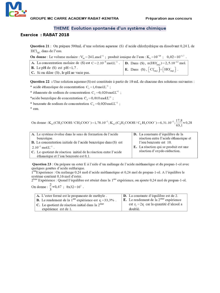 Evolution Spontanée D'un Système Chimique | PDF