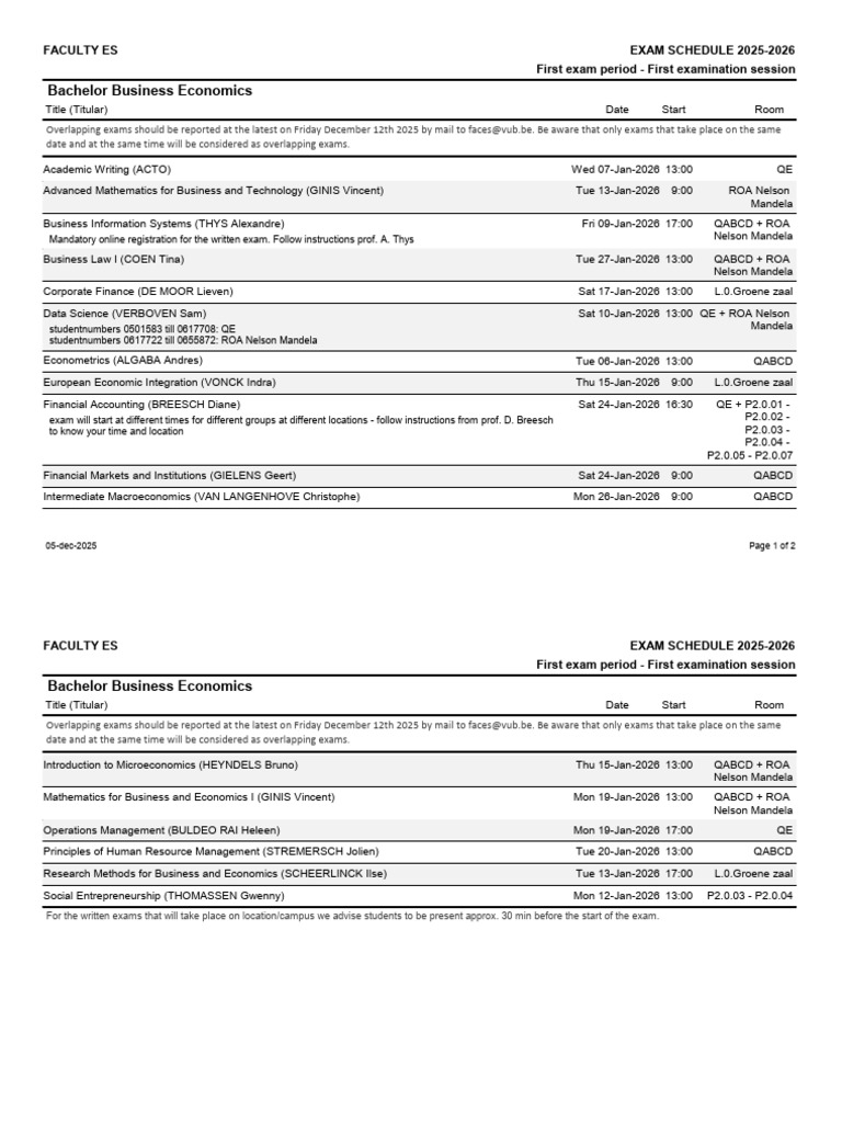 2025-2026 Business Economics Exam Schedule | PDF | Methodology | Business