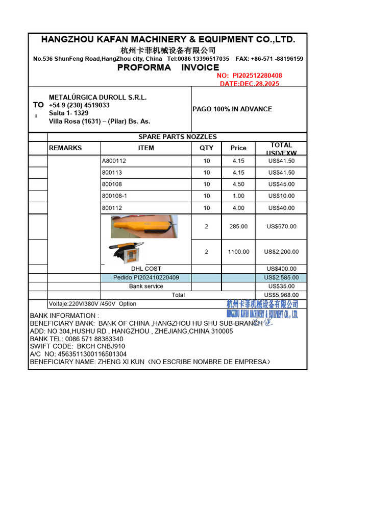 Proforma Invoice for Spare Parts Order | PDF