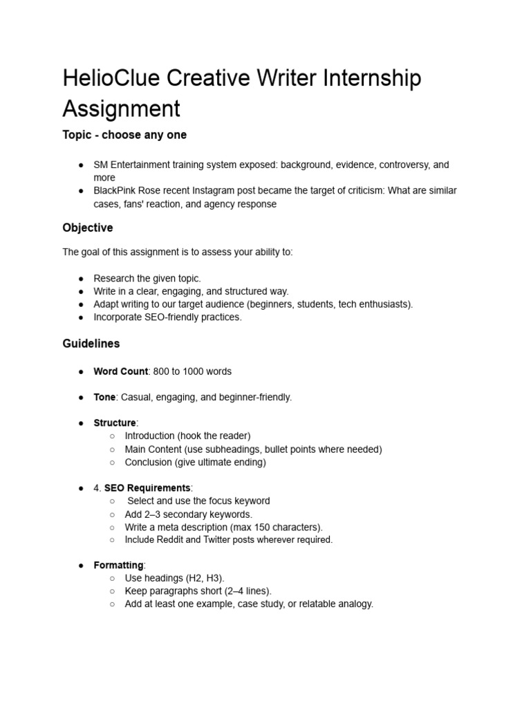 Internship Assignment: Writing Topics | PDF