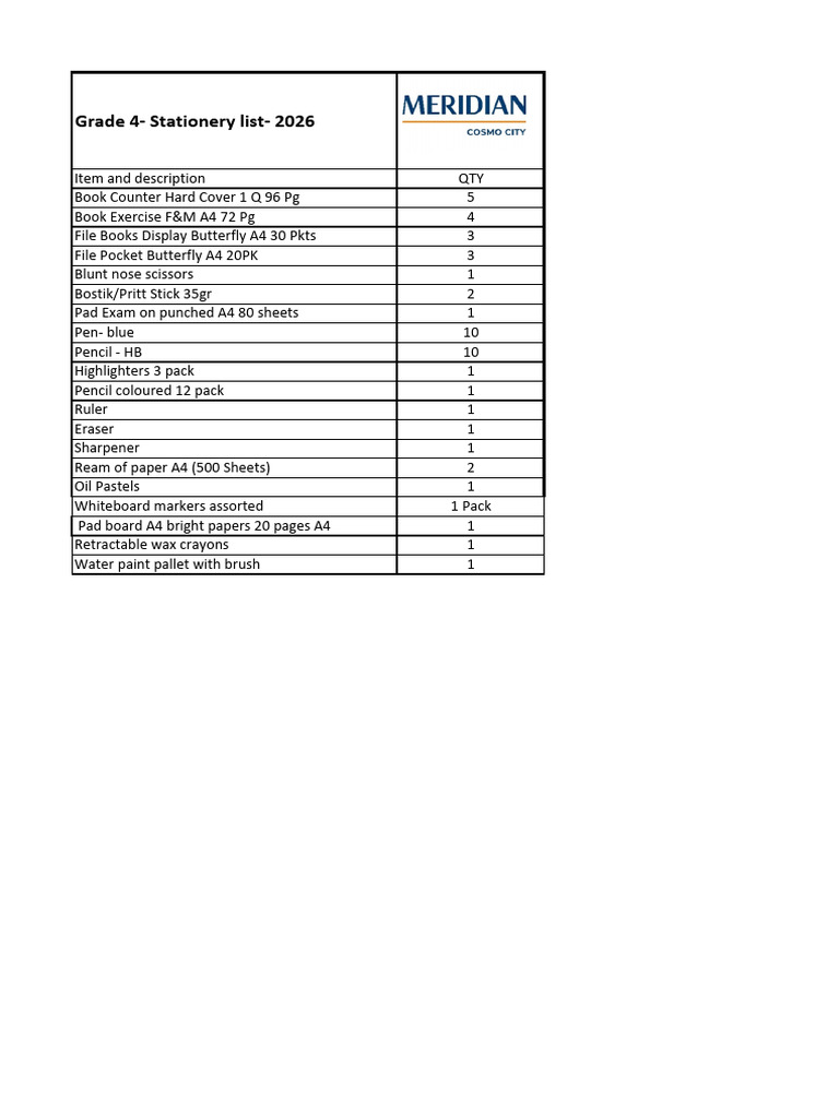 Grade 4 Stationery List 2026 | PDF