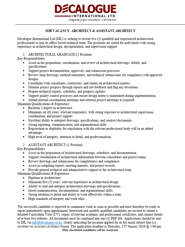 DIL Architect and Assistant Architect Job Description & Advert | PDF ...