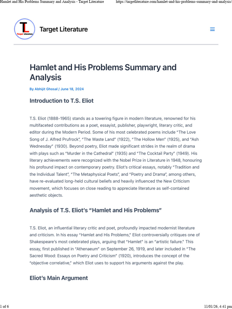 T.S. Eliot's Critique of Hamlet Explained | PDF | T. S. Eliot