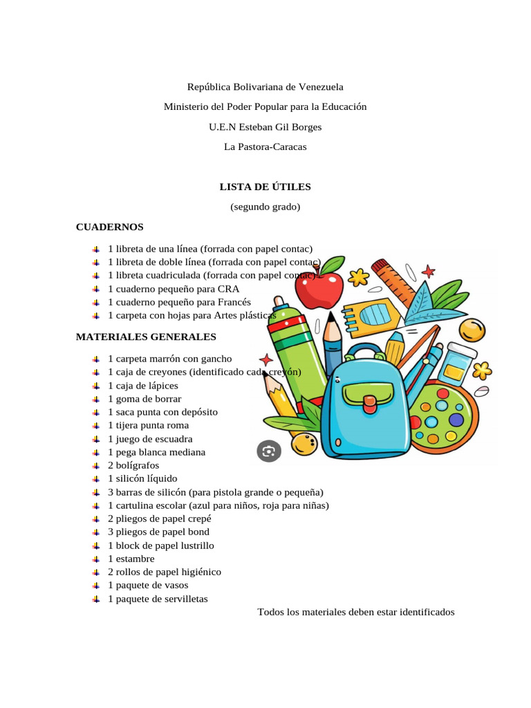 Lista de Útiles Segundo Grado | PDF