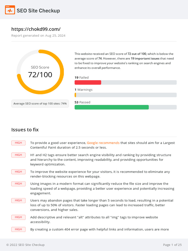 SEO Score: Report Generated On Aug 25, 2024 | PDF | Search Engine ...