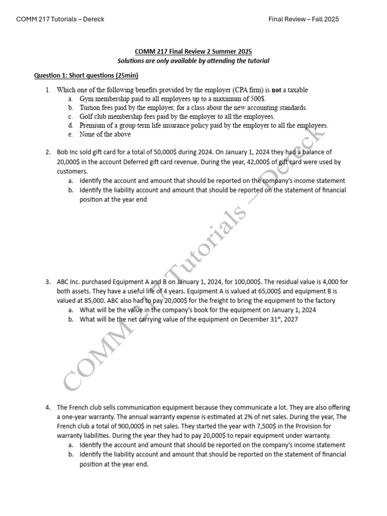 Final Review 2 COMM 217 Tutorials Dereck Fall 2025 | PDF | Expense ...