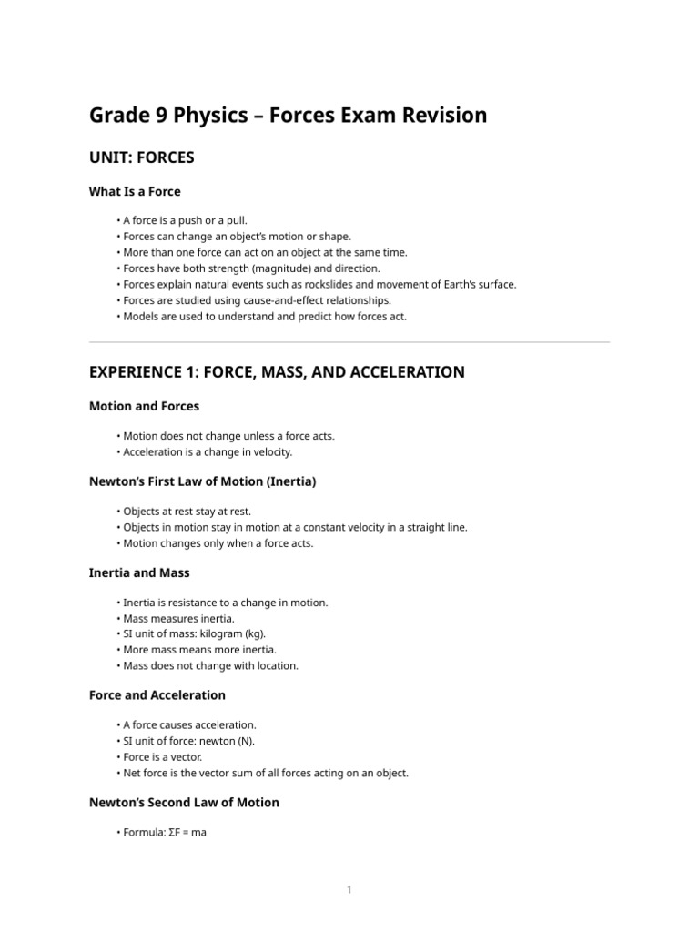 Grade 9 Physics – Forces Exam Revision | PDF | Force | Acceleration