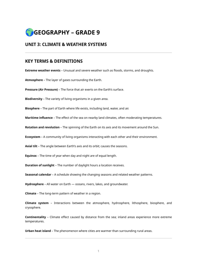Geography Grade 9 – Climate & Weather Cheat Sheet (Unit 3) | PDF ...