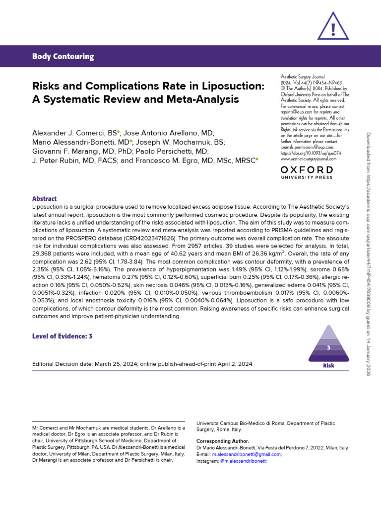 2 risk of complications in liposuction | PDF | Systematic Review | Surgery