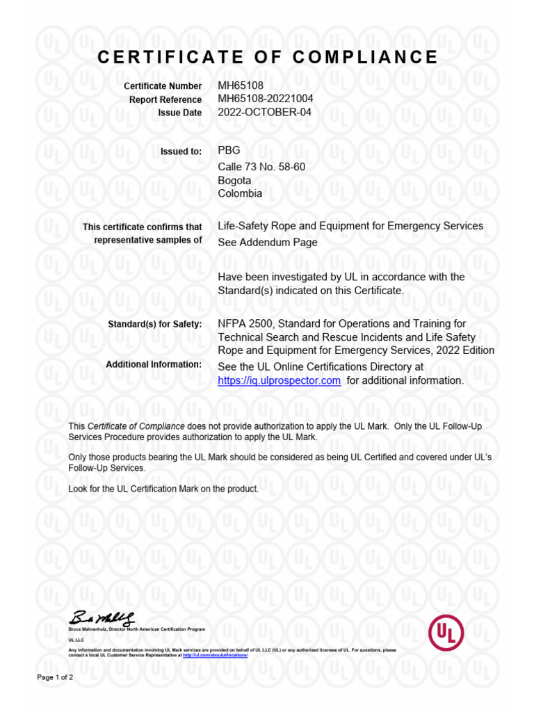 UL Certificate for Life-Safety Rope | PDF | Safety
