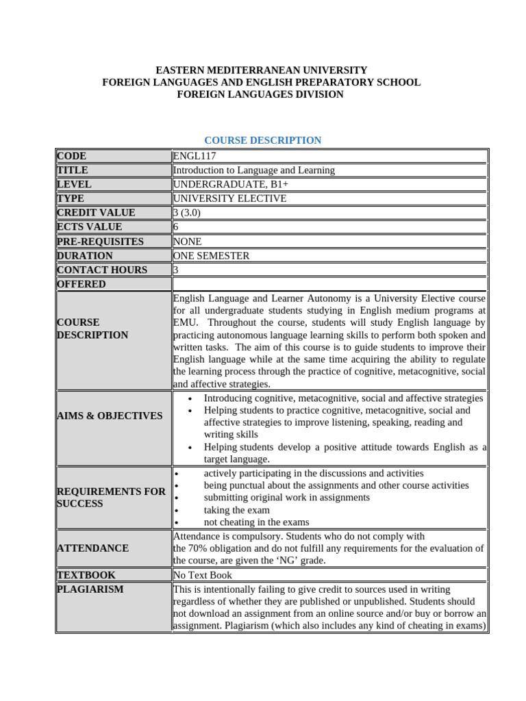 ENGL117 Course Description 2023-2024 FALL | PDF | Metacognition ...