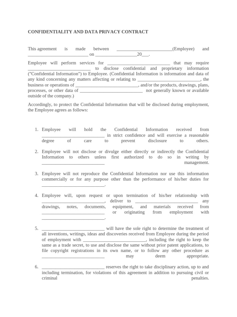 Confidentiality and Data Privacy Contract | PDF | Trade Secret | Common Law