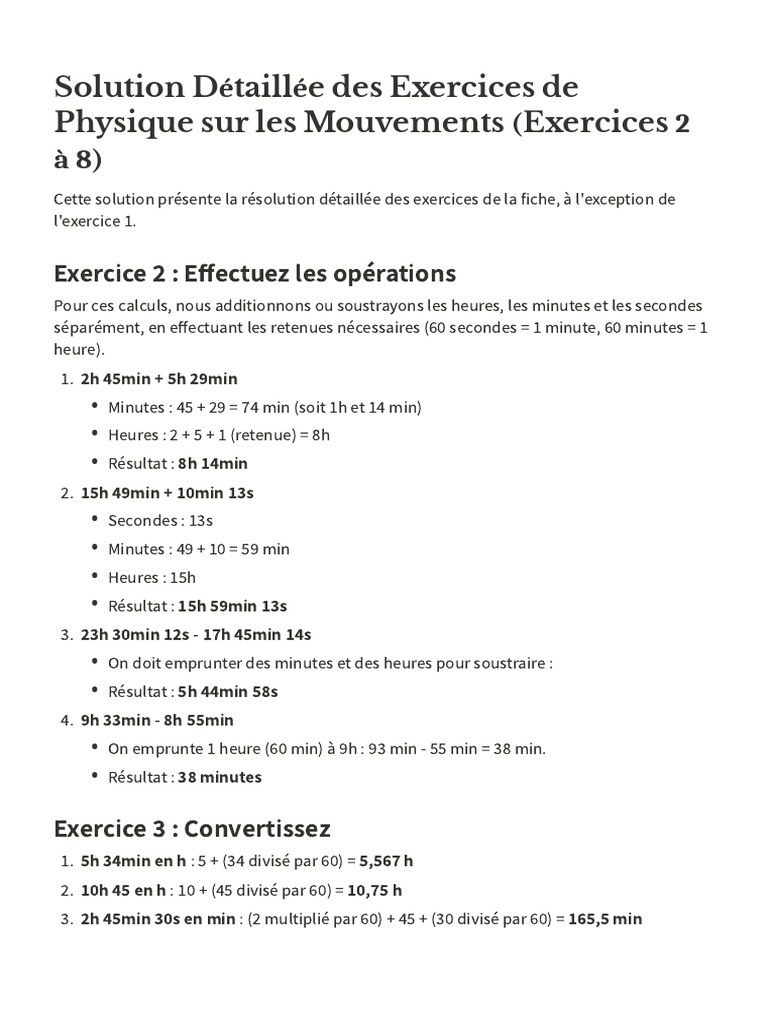 Solutions Exercices Physique Mouvements | PDF | Échecs