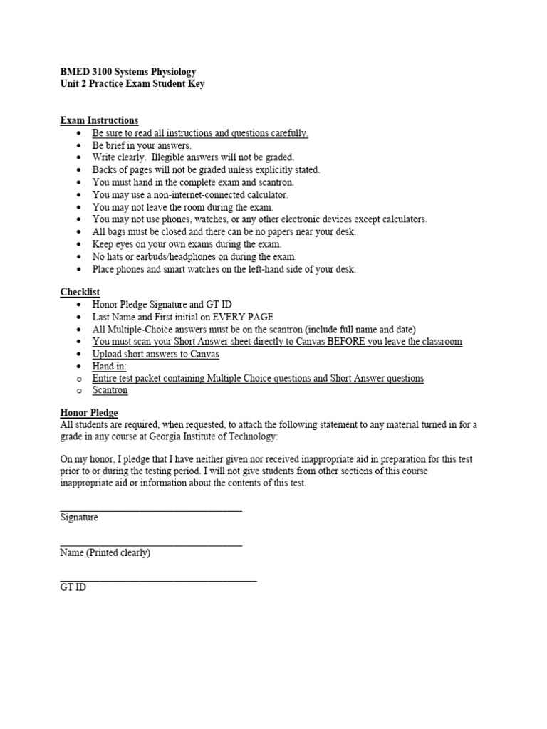BMED 3100 Systems Physiology Exam Key | PDF | Brain | Cerebellum