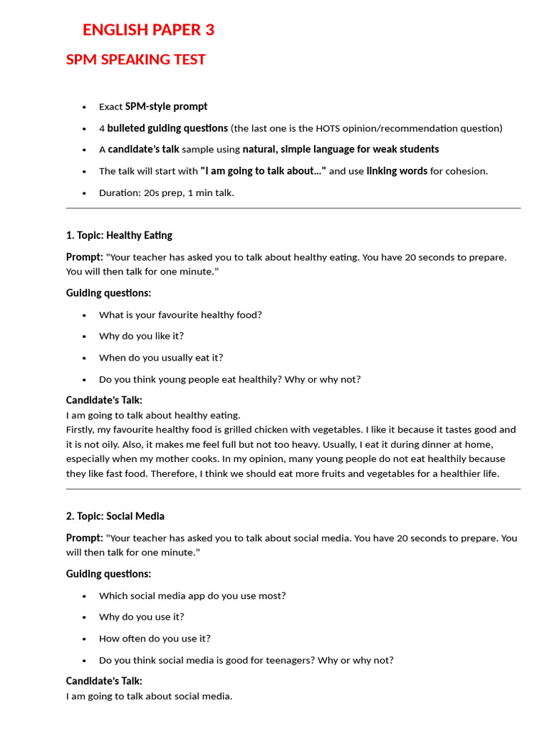 SPM Speaking Test: Topics & Samples | PDF | Healthy Diet | Bullying