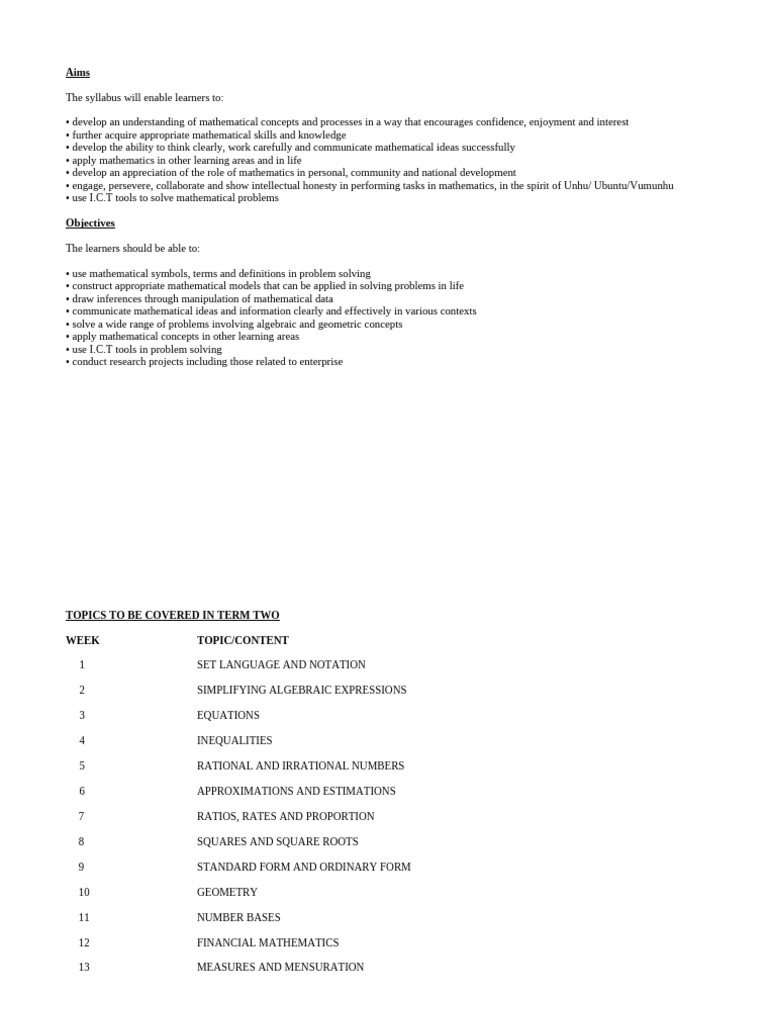 Term Two Mathematics Syllabus Overview | PDF | Mathematics | Equations