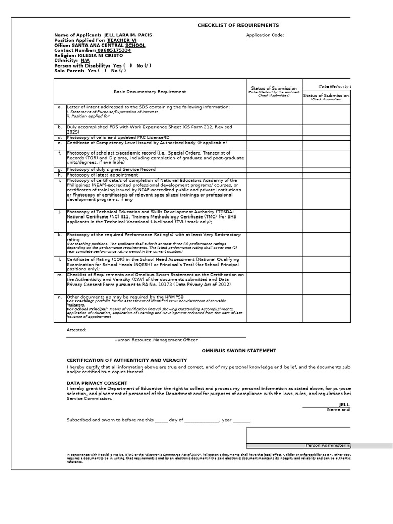 Teacher VI Application Requirements Checklist | PDF | Verification And ...