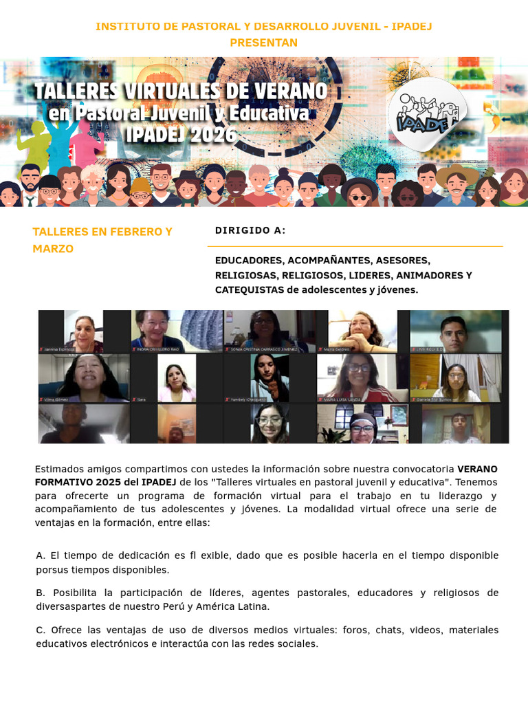 Talleres Virtuales de Pastoral Juvenil 2026 | PDF