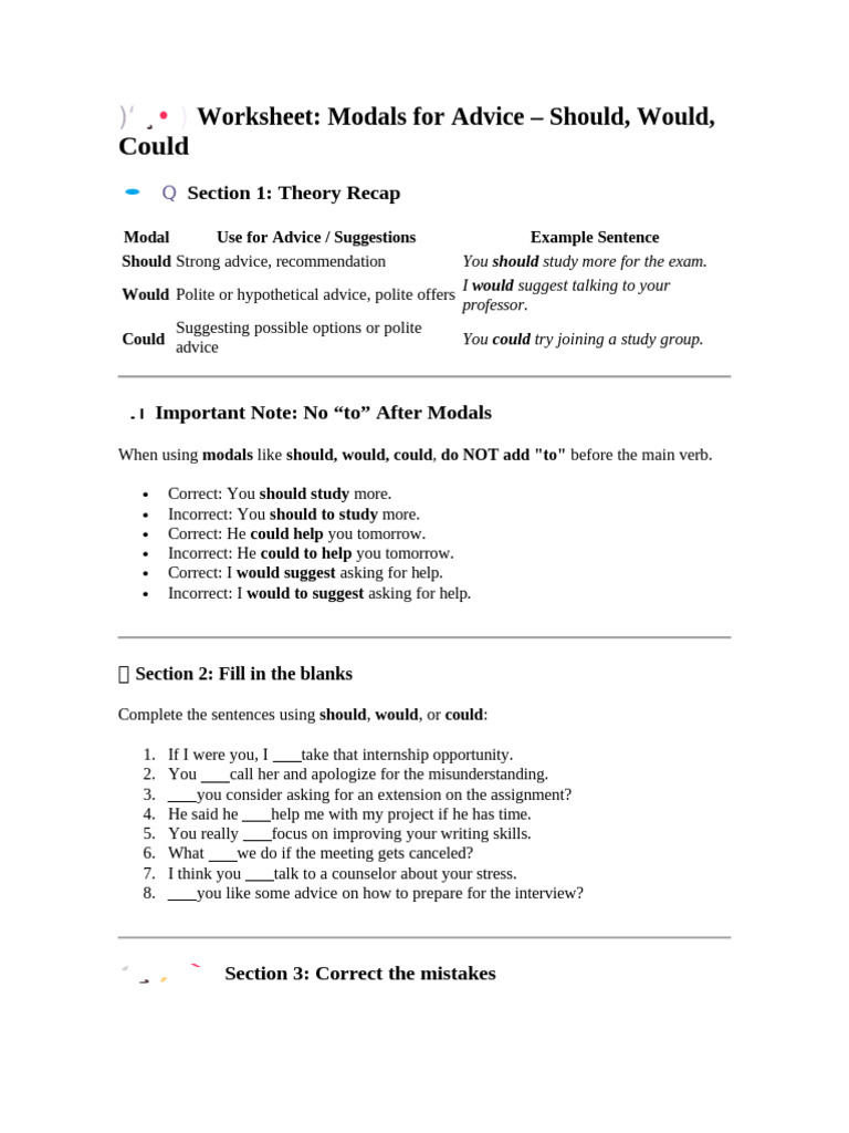 Modals for Advice Worksheet Guide | PDF | Chess | Chess Theory