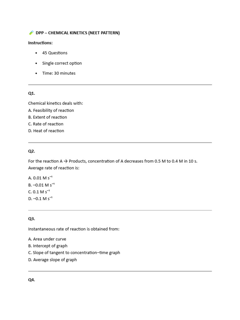 NEET Chemical Kinetics Practice Quiz | PDF | Reaction Rate | Activation ...