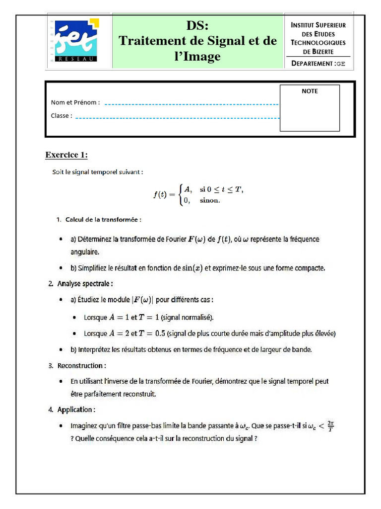 Traitement de Signal et Image : Exercices | PDF