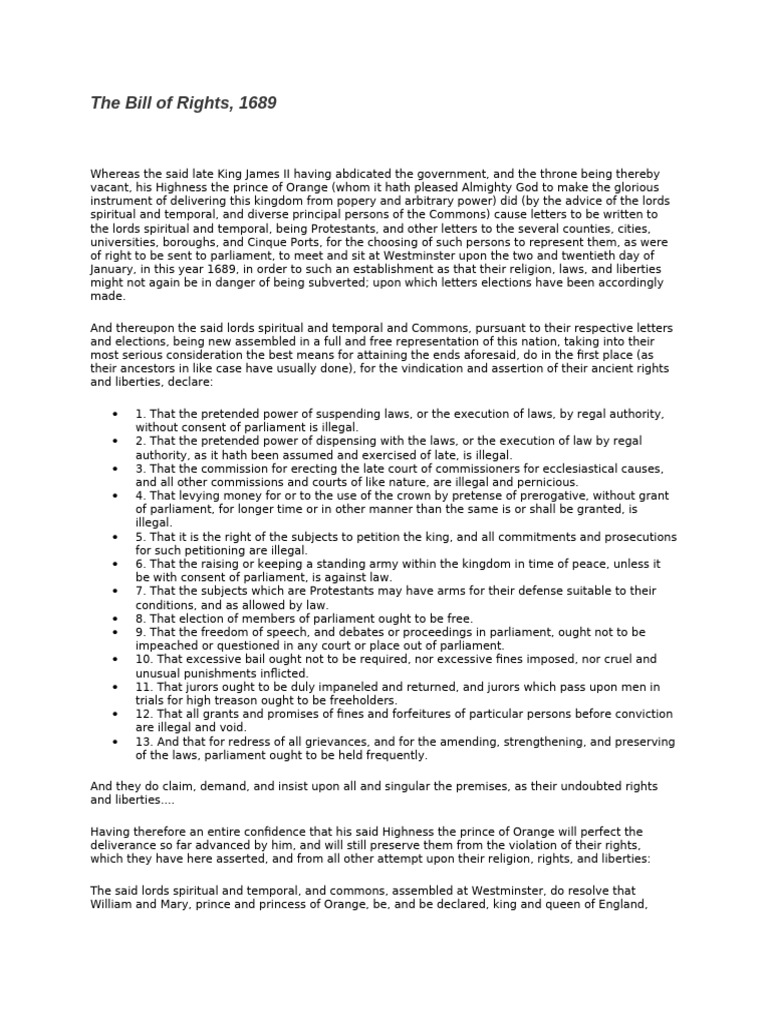 Bill of Rights 1689: Key Liberties Defined | PDF | Parliament Of The ...