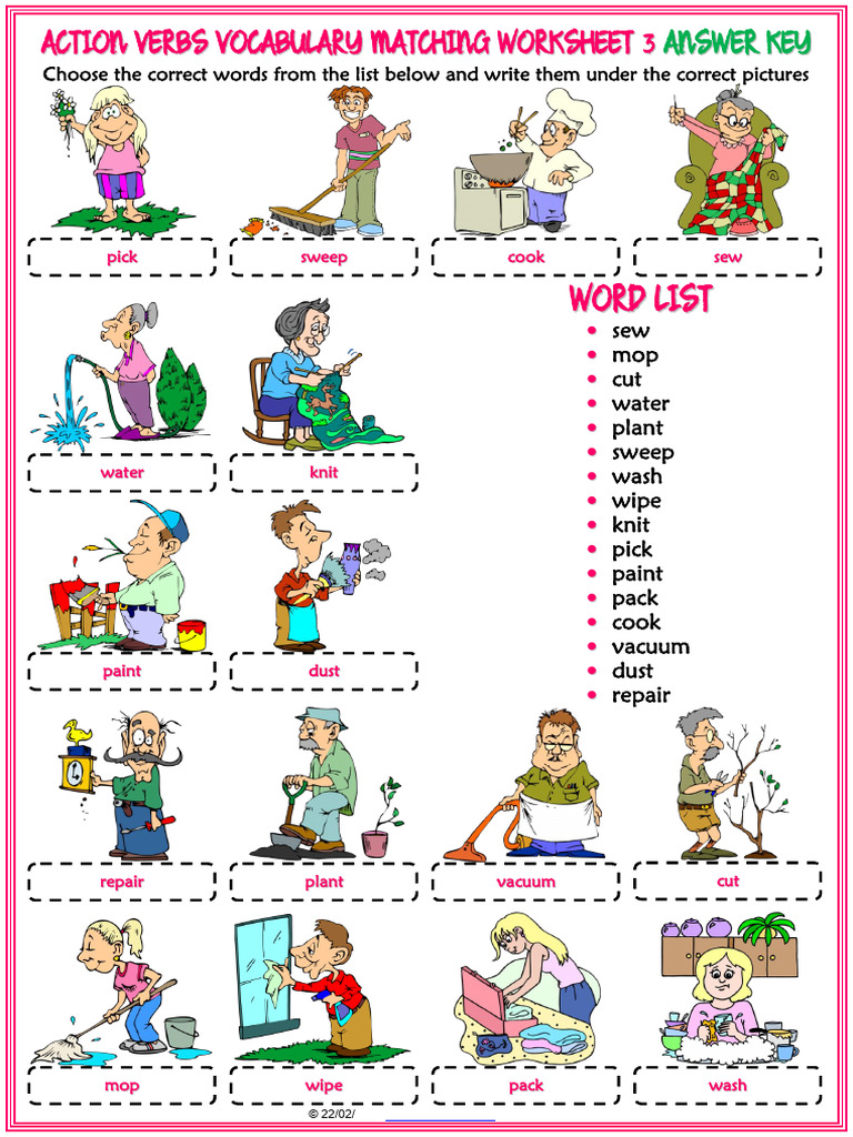 Action Verbs Vocabulary Esl Matching Exercise Worksheets for Kids ...