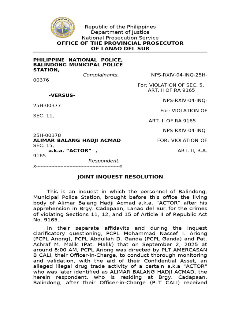 2025 SEPTEMBER 05 INQUEST RESOLUTION MPS WATO VERSUS ALIMAR BALANG H ...