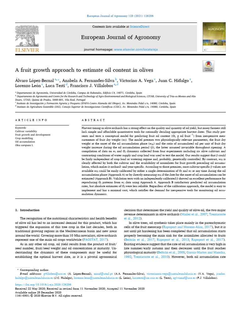 A fruit growth approach to estimate oil content in olives | PDF | Olive ...