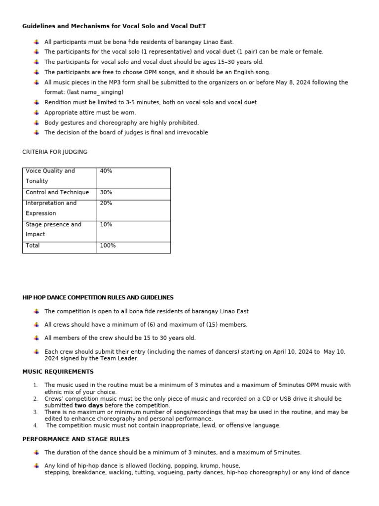 Vocal and Hip Hop Competition Guidelines | PDF | Clothing | Dances