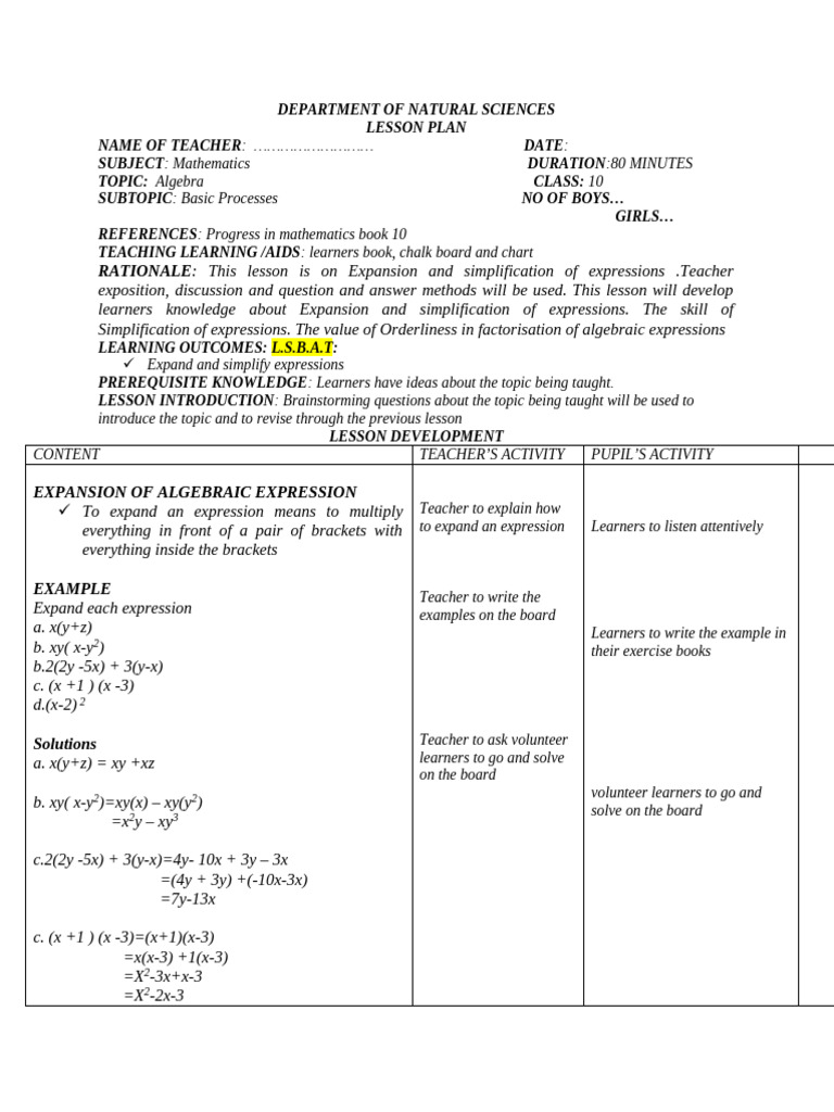 Algebra Lesson Plan: Expansion & Simplification | PDF | Lesson Plan ...