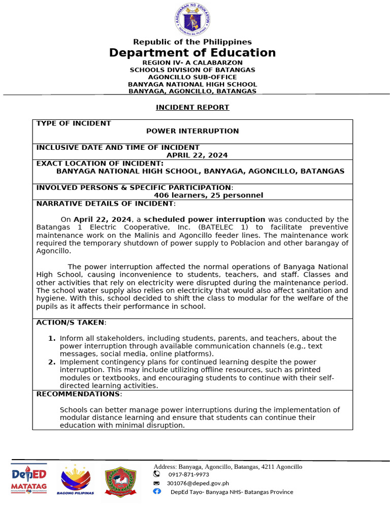 Banyaga NHS Power Interruption Report | PDF