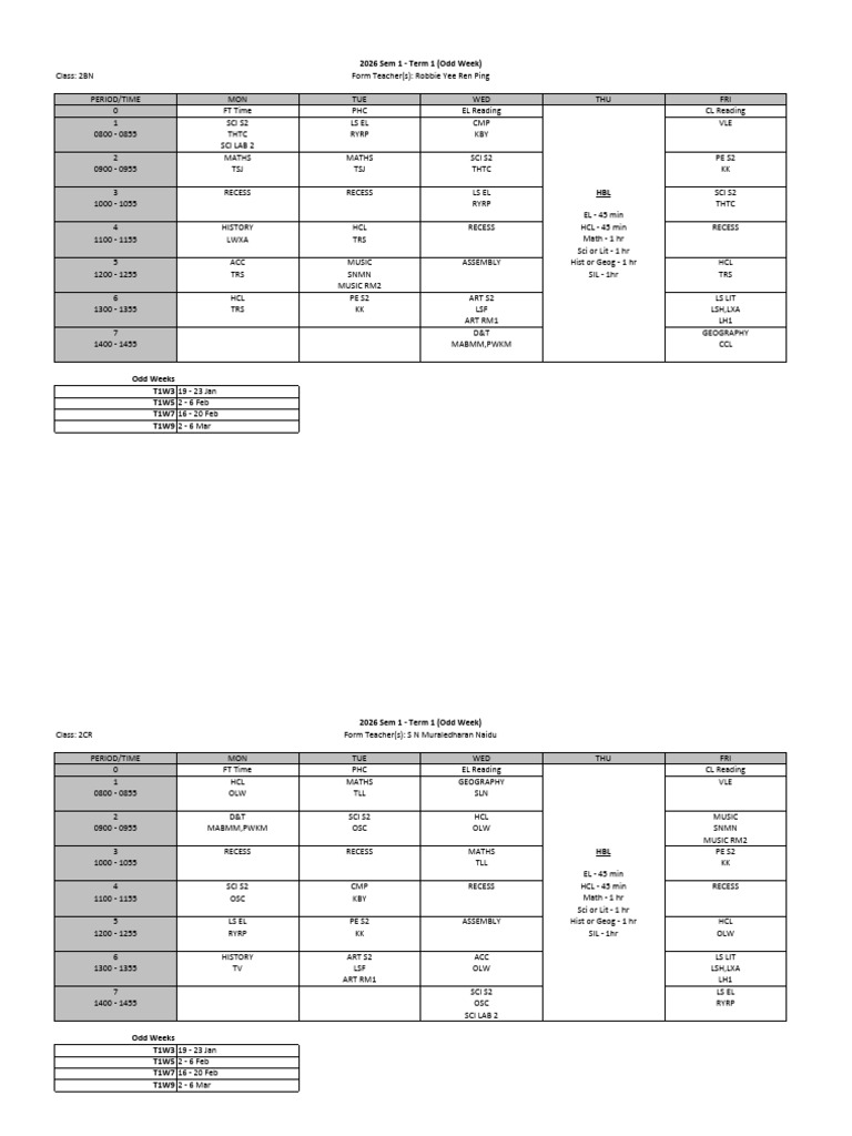 2026 Term 1 Class Schedule Overview | PDF
