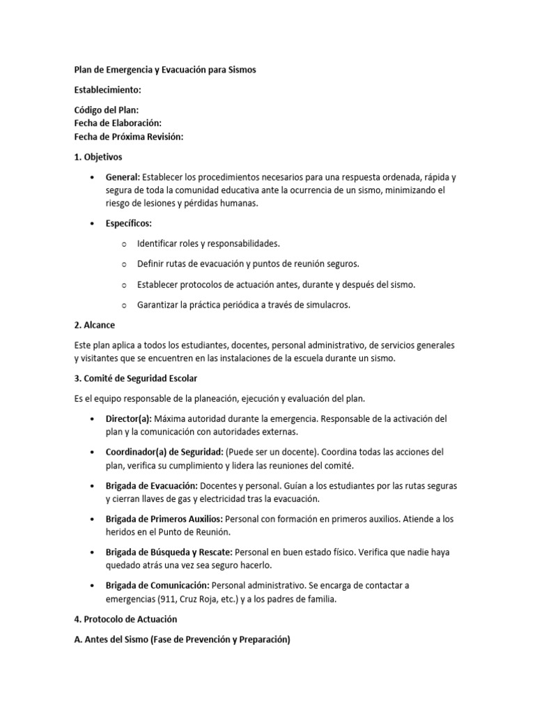 Plan de Emergencia para Sismos Escolar | PDF | Primeros auxilios