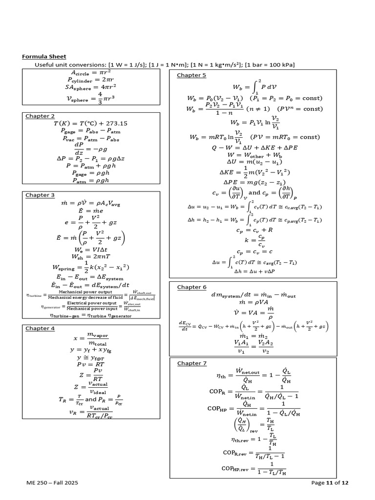 ME 250 Fall 2025 Formula Sheet | PDF | Mechanical Engineering | Engines